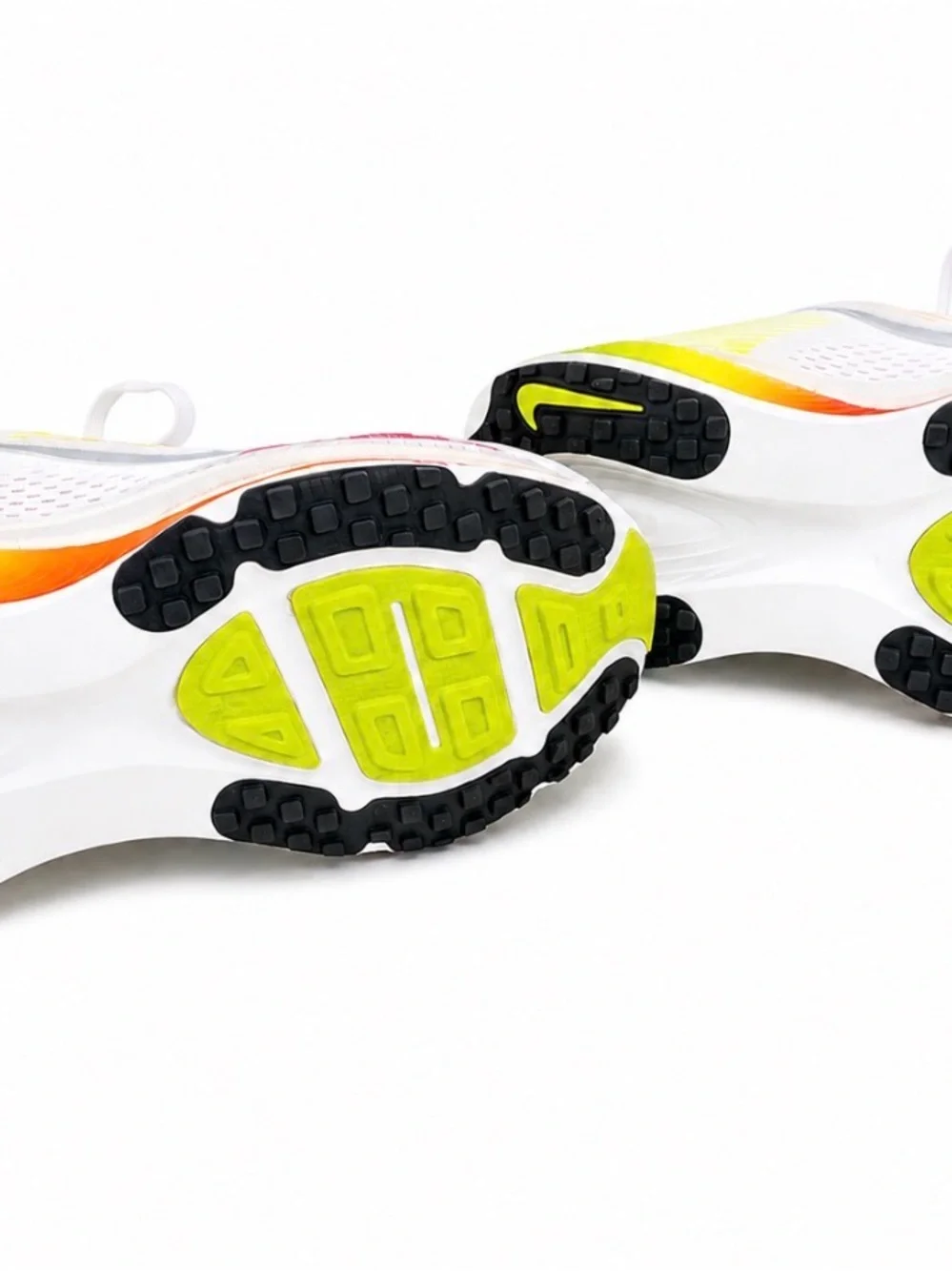 Nike White Volmero 18 Running Shoes with Neon Yellow-Orange Accent